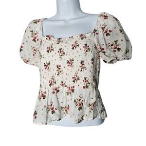 J.Crew Puff Sleeve Smocked Top M White Strawberry Floral Blouse Cottagecore Boho